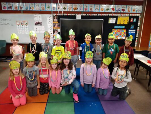 students celebrating the 100th day of school.